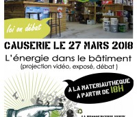 Causerie-apéro : l'énergie dans le bâtiment. Mardi 27 mars 2018 à 18h.